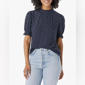 Amazon Essentials Navy Floral Women's Fluid Twill Short Puff Sleeve Smock Shirt